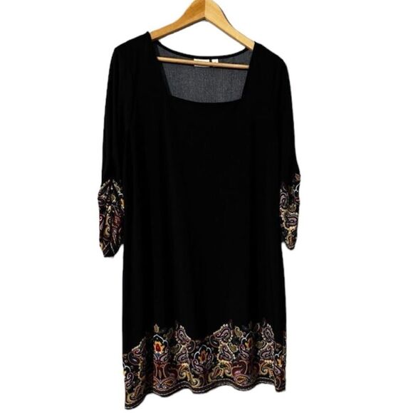 Kim Rogers Women’s Size Petite Large Sheath Dress Black Multicolor Ruched Sleeve - Picture 1 of 9